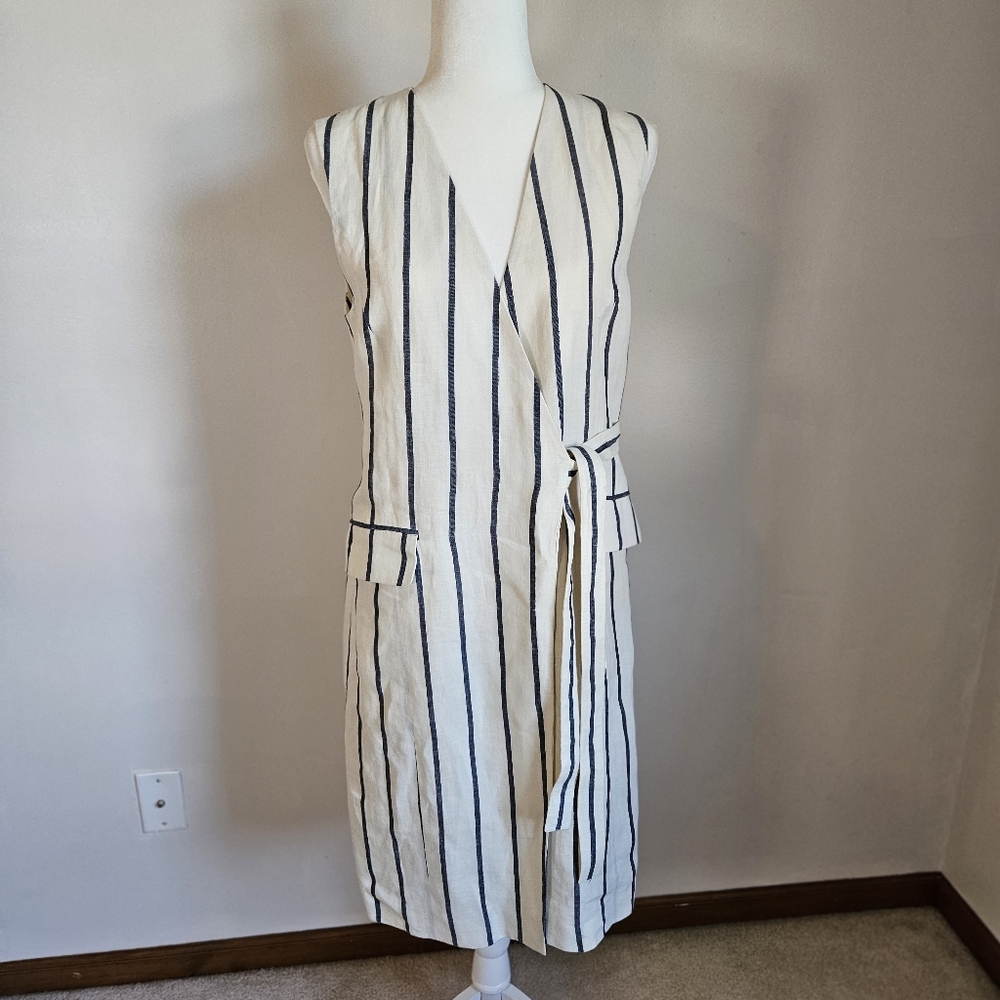Theory SZ10 Livwilth Linen Pinstripe Midi Wrap Dress Pockets Career Coastal Eco